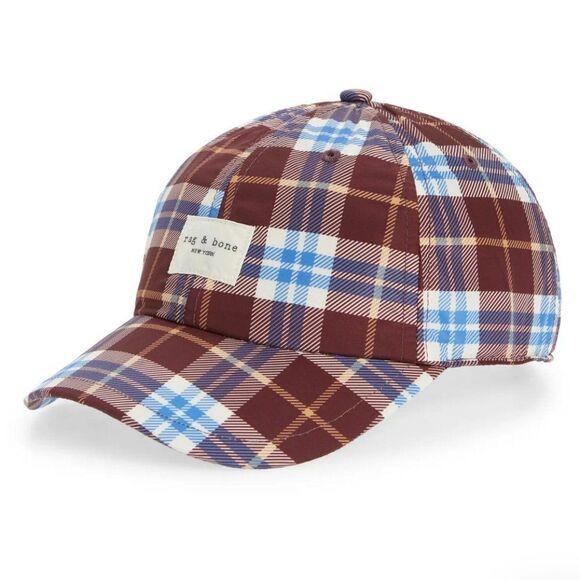 Rag & Bone Unisex Addison Baseball Cap in Burgundy Plaid - Picture 1 of 12